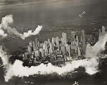 (TAKE FLIGHT OVER MANHATTAN) A collection of approximately 44 photographs of airplanes in flight over New York City. Circa 1930-42.